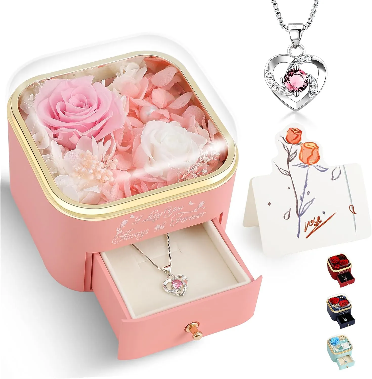 Preserved Red Real Roses with Necklace Gifts for Her