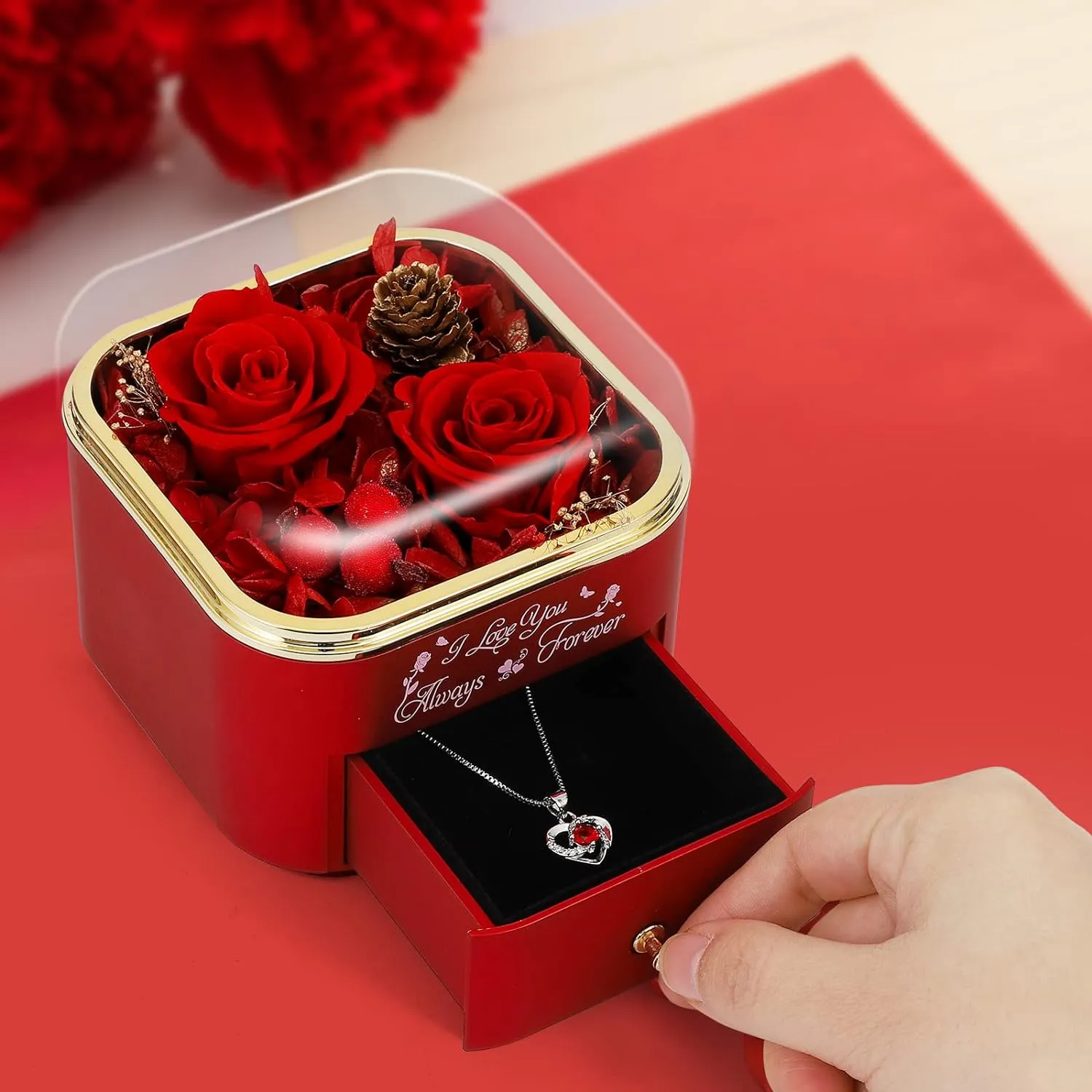 Preserved Red Real Roses with Necklace Gifts for Her
