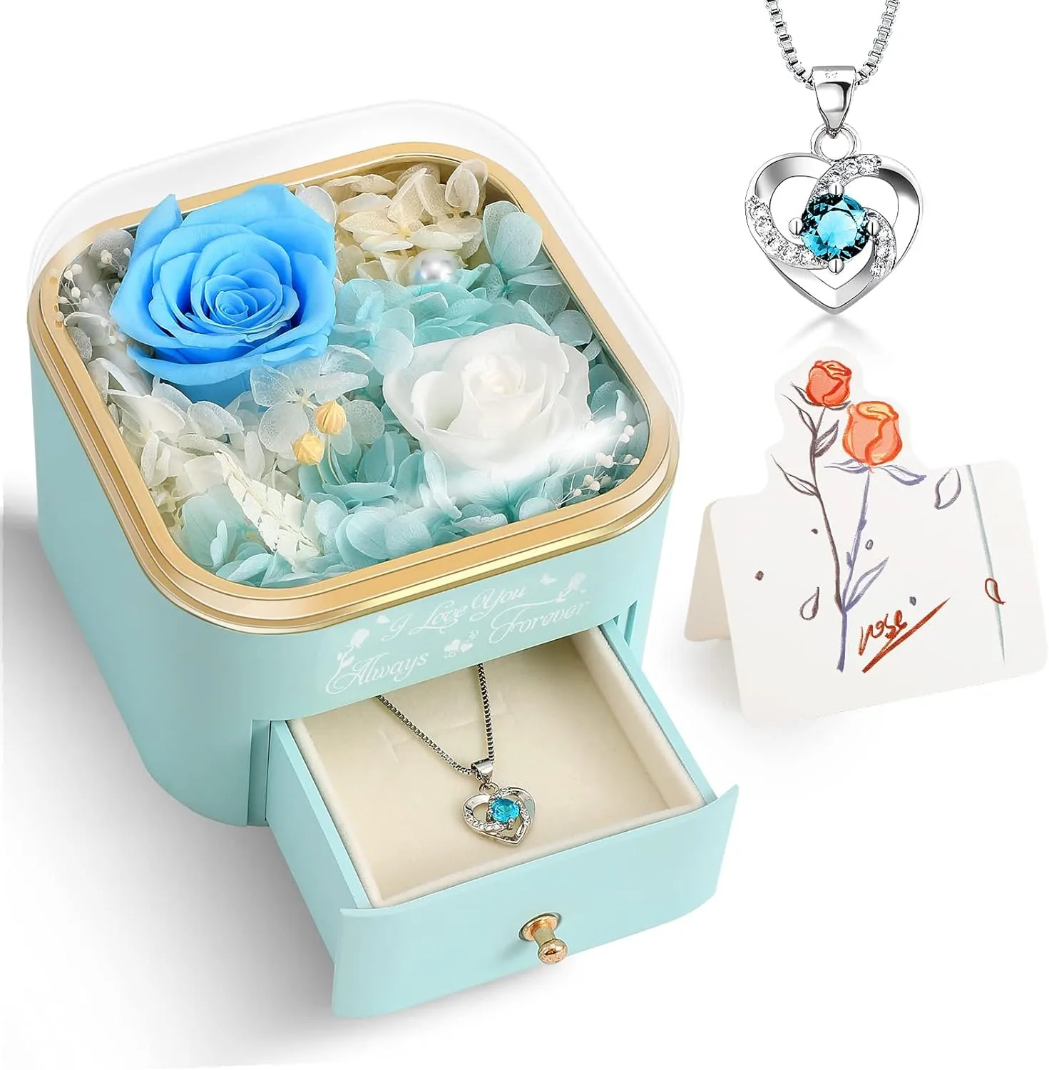 Preserved Red Real Roses with Necklace Gifts for Her