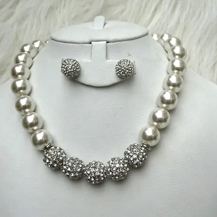 Quality Pearls Black Cream White Gold Silver Beautiful Luscious Wedding Crystal Party Necklace Earring Jewellery Set