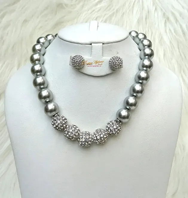 Quality Pearls Black Cream White Gold Silver Beautiful Luscious Wedding Crystal Party Necklace Earring Jewellery Set