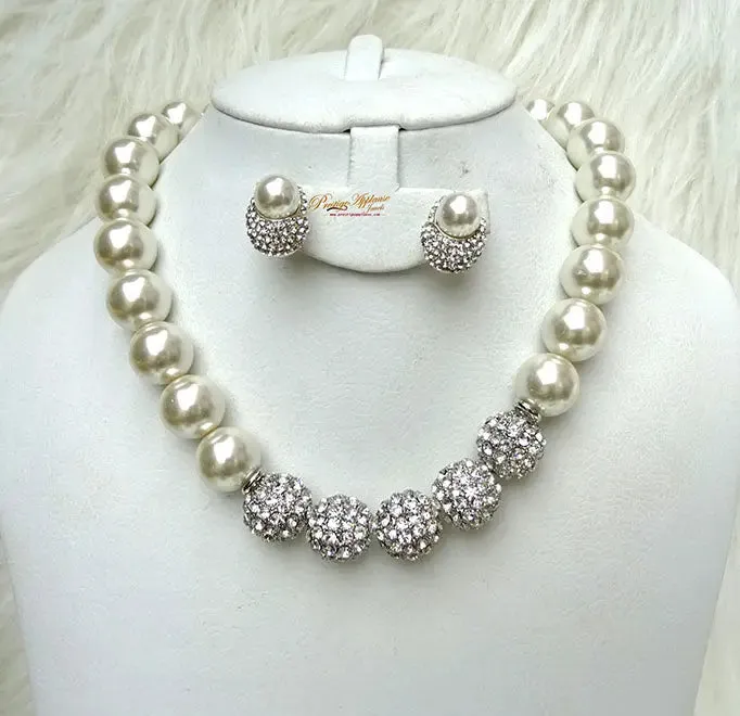 Quality Pearls Black Cream White Gold Silver Beautiful Luscious Wedding Crystal Party Necklace Earring Jewellery Set