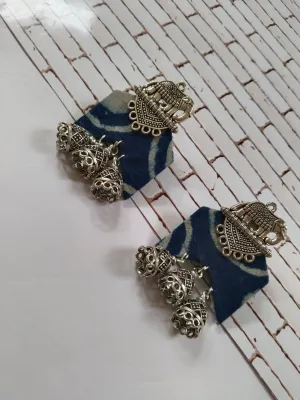 Rainvas Blue Printed Fabric Lotus Charm Jhumka Earrings