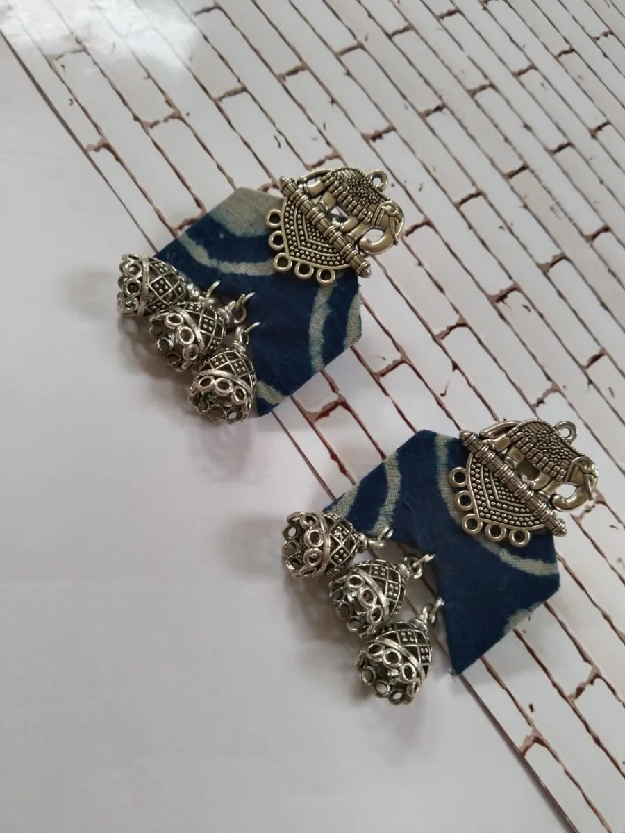 Rainvas Blue Printed Fabric Lotus Charm Jhumka Earrings