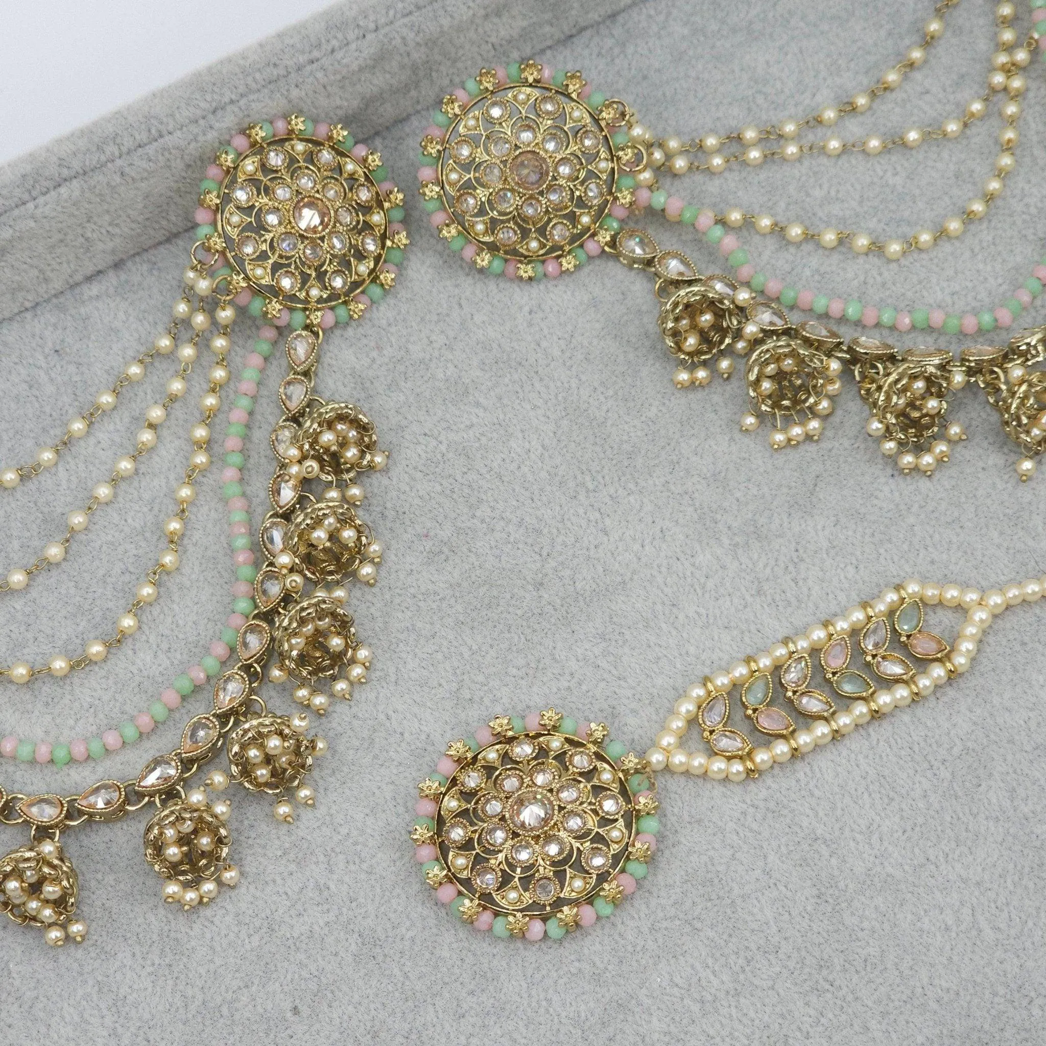 Raji Antique Gold Kundan Polki Detachable Stud Earrings with Tikka, Ear Chains