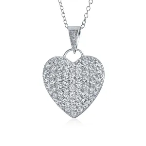 Romantic Large CZ Puff Heart Shape Pendant Necklace in Sterling Silver Filigree