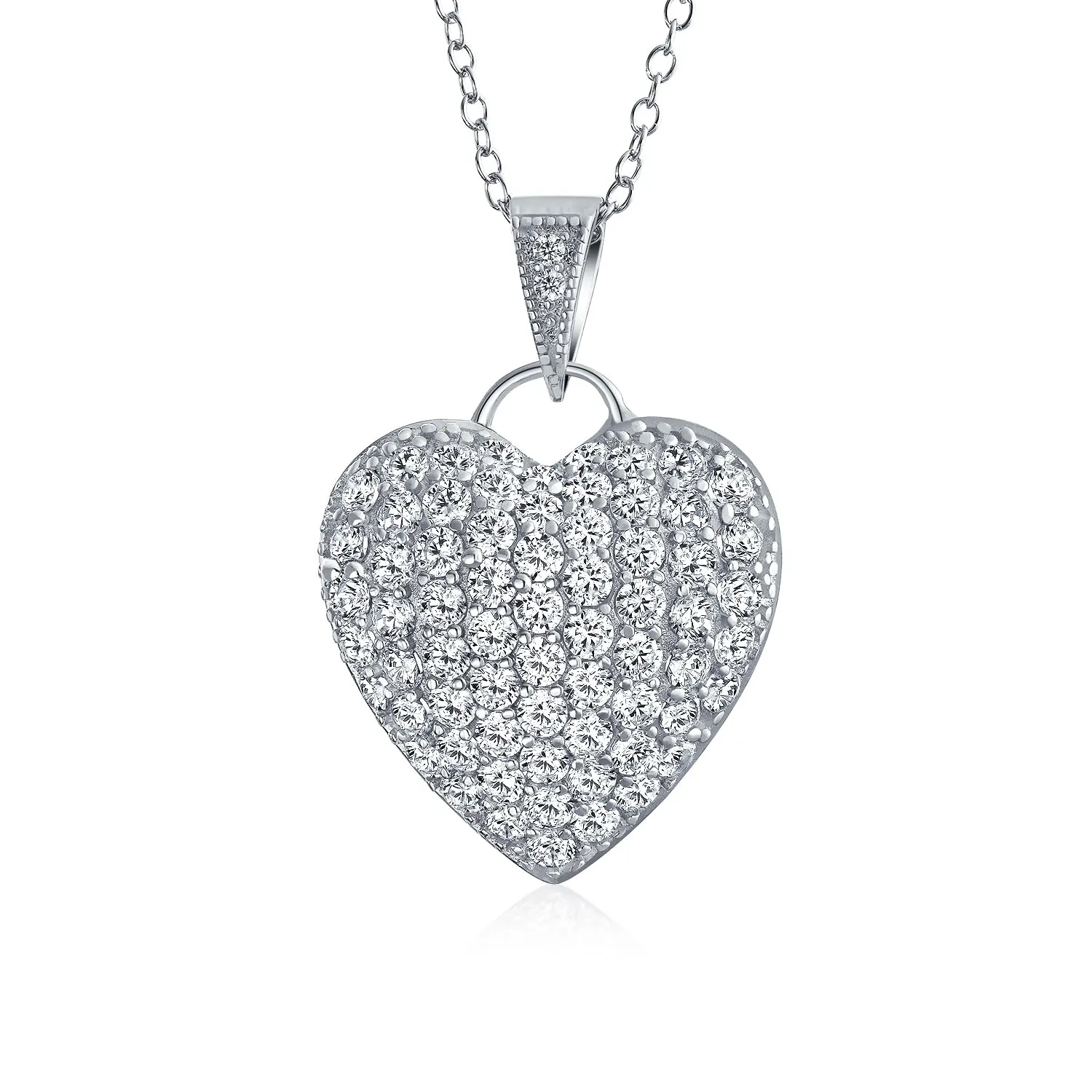 Romantic Large CZ Puff Heart Shape Pendant Necklace in Sterling Silver Filigree