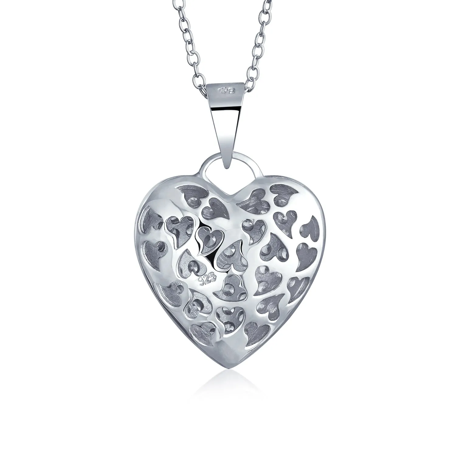 Romantic Large CZ Puff Heart Shape Pendant Necklace in Sterling Silver Filigree