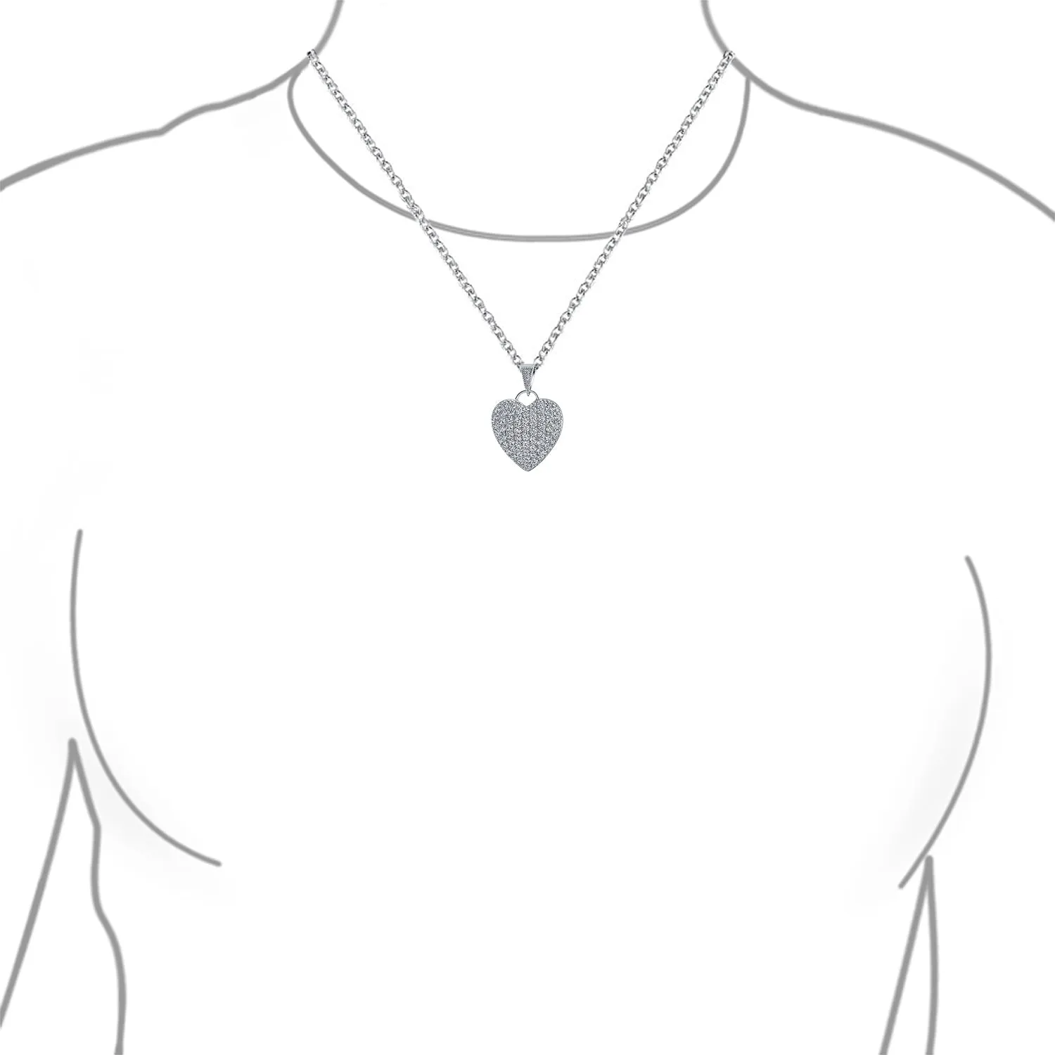Romantic Large CZ Puff Heart Shape Pendant Necklace in Sterling Silver Filigree