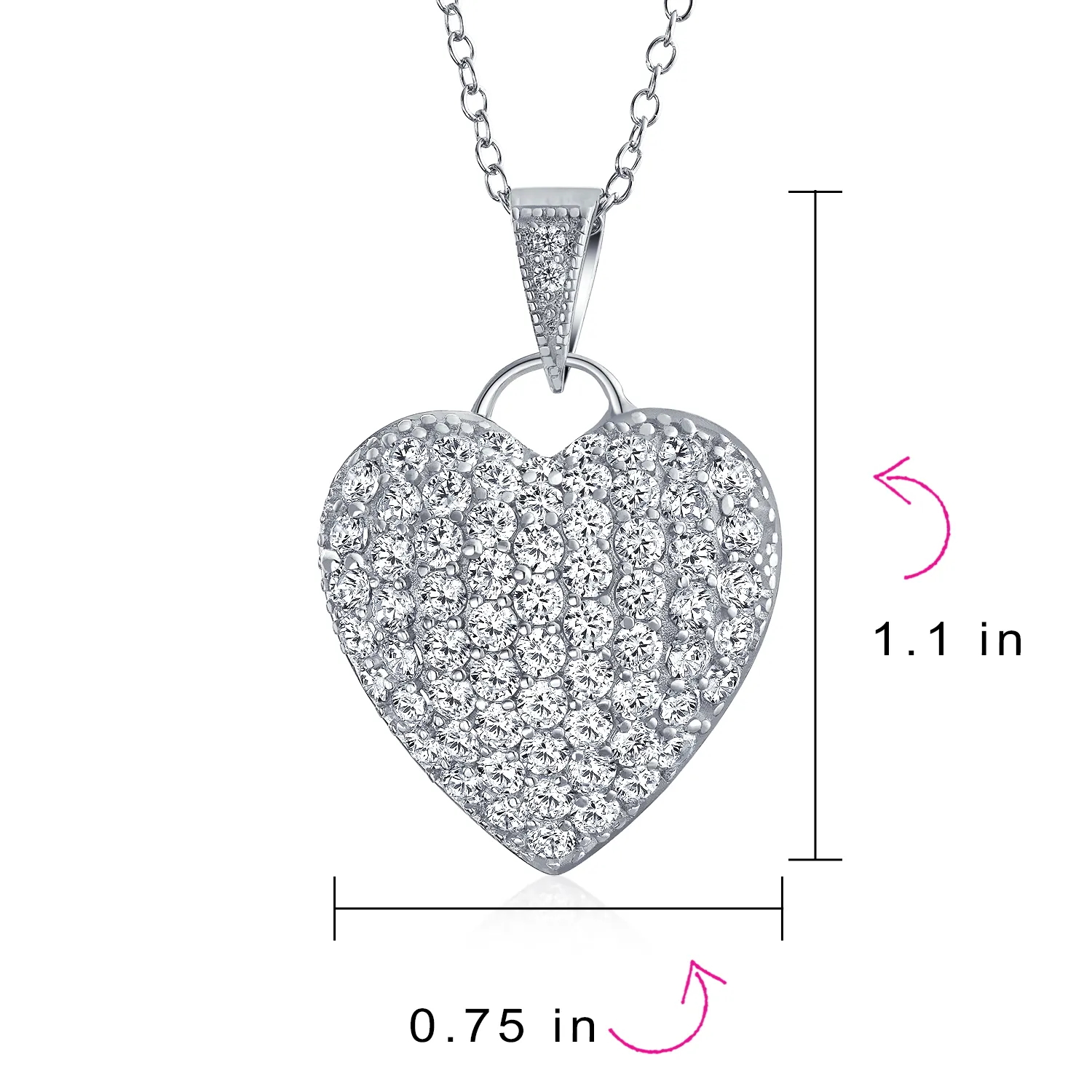 Romantic Large CZ Puff Heart Shape Pendant Necklace in Sterling Silver Filigree