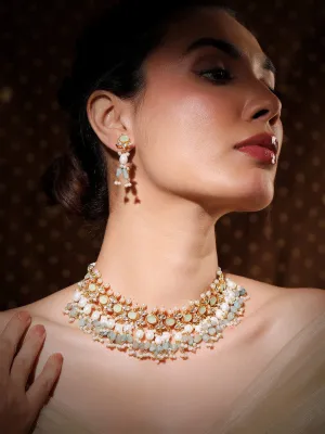 Rubans 24K Gold-Plated Pachi Kundan Studded Choker Jewellery Set with White & Aqua Beads