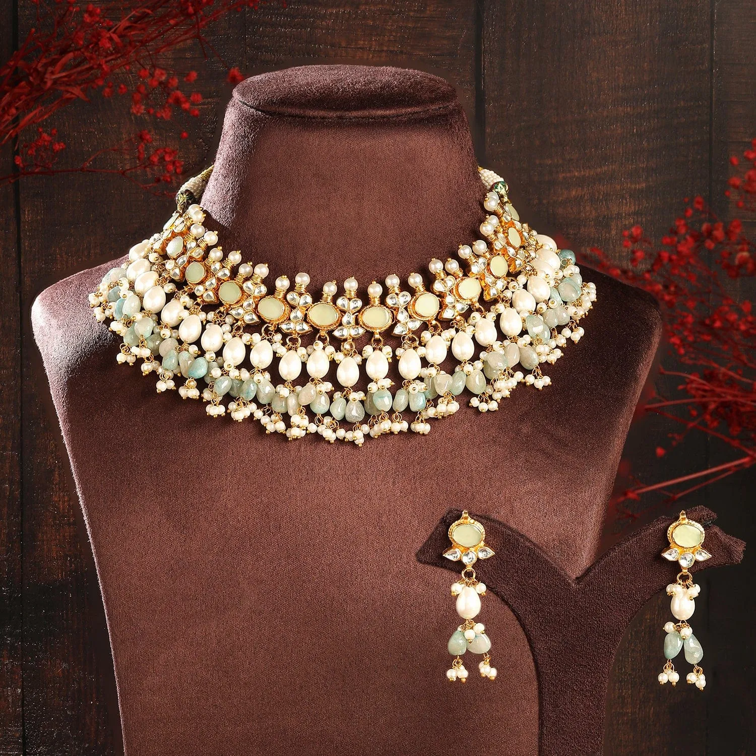 Rubans 24K Gold-Plated Pachi Kundan Studded Choker Jewellery Set with White & Aqua Beads