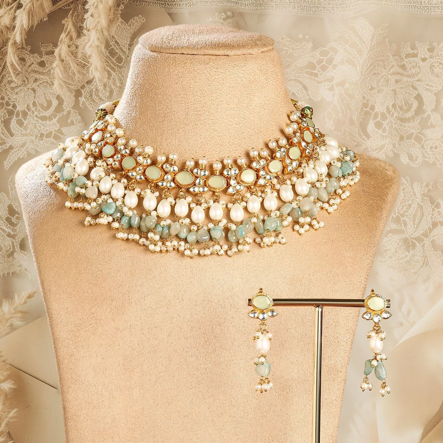 Rubans 24K Gold-Plated Pachi Kundan Studded Choker Jewellery Set with White & Aqua Beads