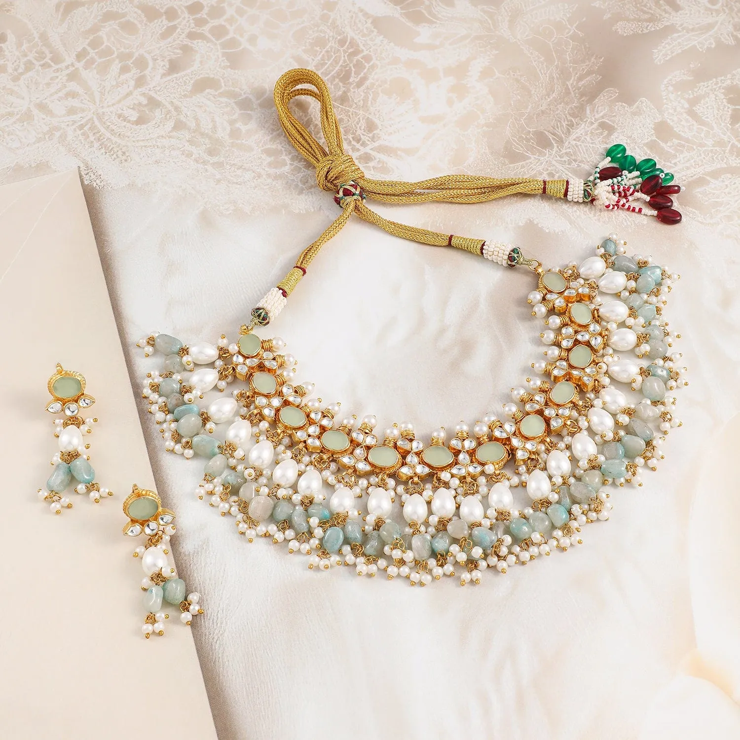 Rubans 24K Gold-Plated Pachi Kundan Studded Choker Jewellery Set with White & Aqua Beads