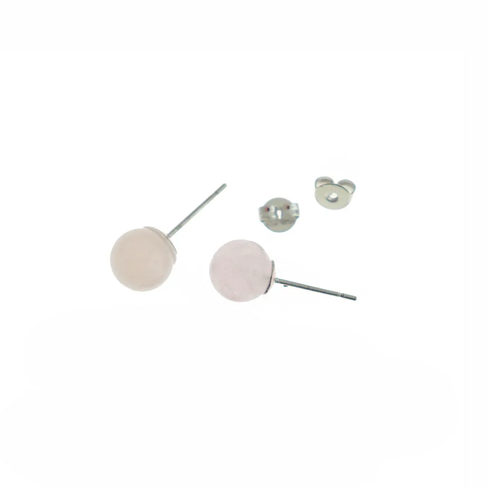 Silver Tone Brass Earrings - Natural Rose Quartz Gemstone Ball Studs - 8mm - 2 Pieces 1 Pair - ER572