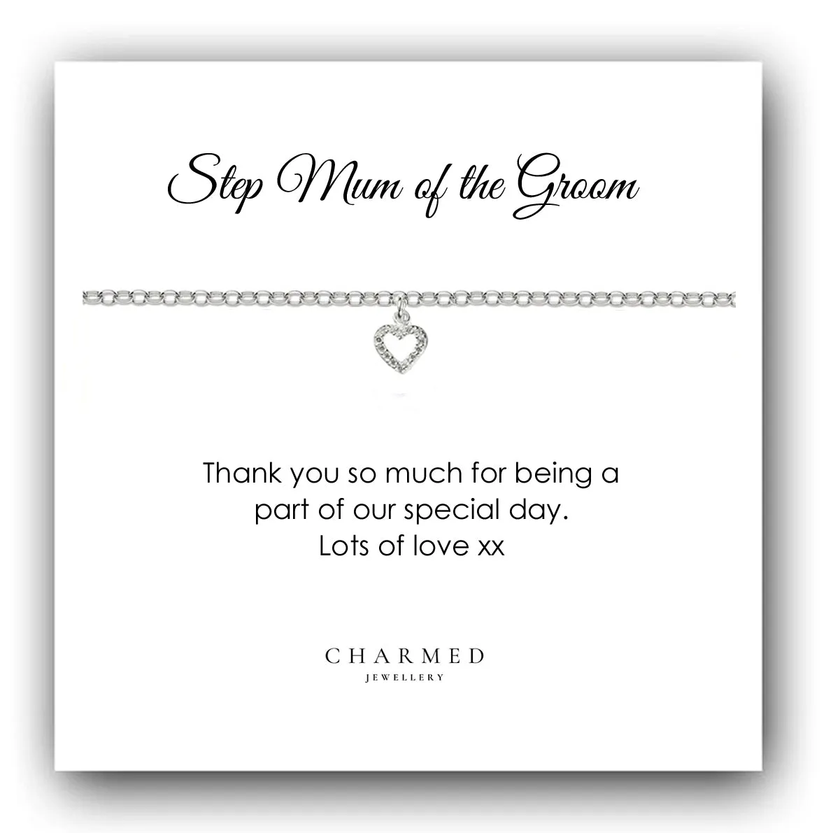 Step Mum of the Groom Heart Bracelet with Cubic Zirconia in Sterling Silver 925, Personalised Jewellery Gift