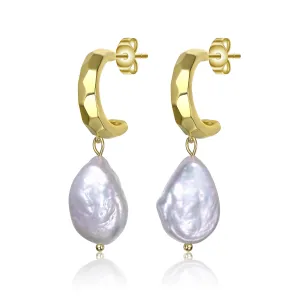 Sterling Silver 14K Gold Plated with Irregular Freshwater Pearl Dangle Earrings