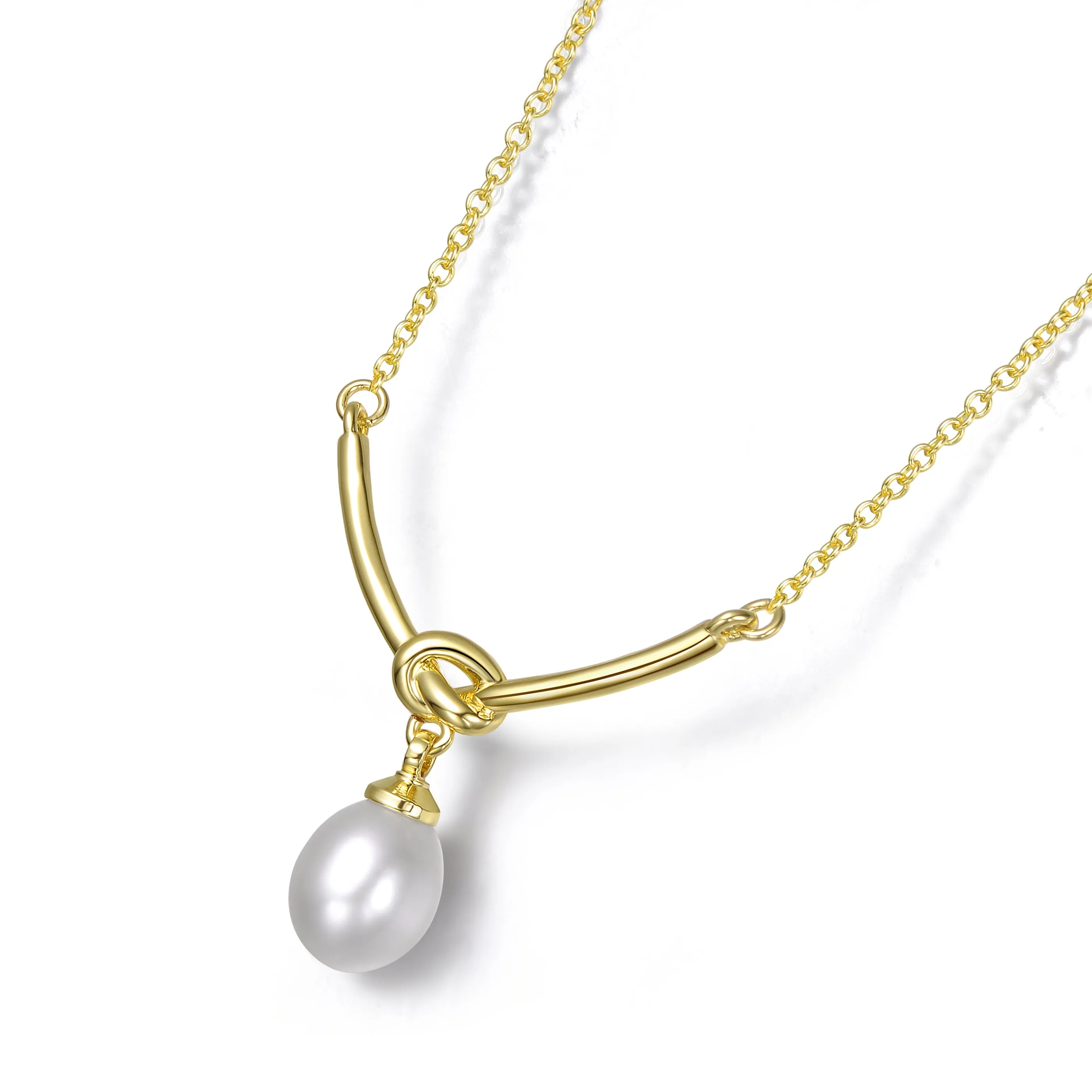 Sterling Silver 14K Gold Plated with White Egg Shapped Freshwater Pearl Y-Shapped Necklace