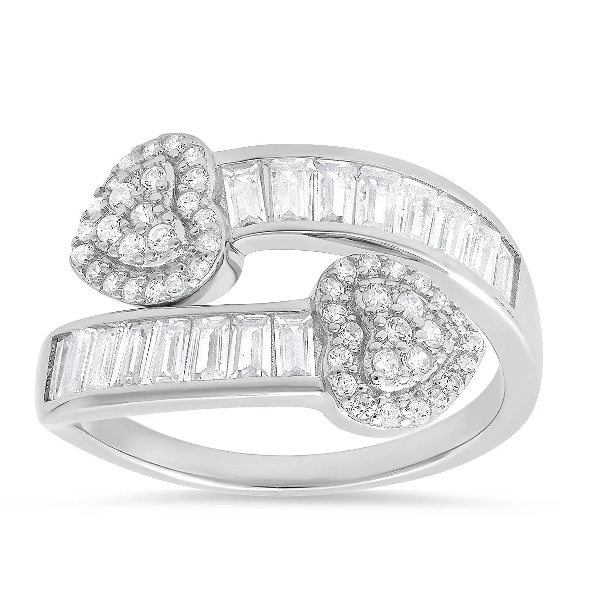 Sterling Silver Baguette CZ Heart Bypass Ring