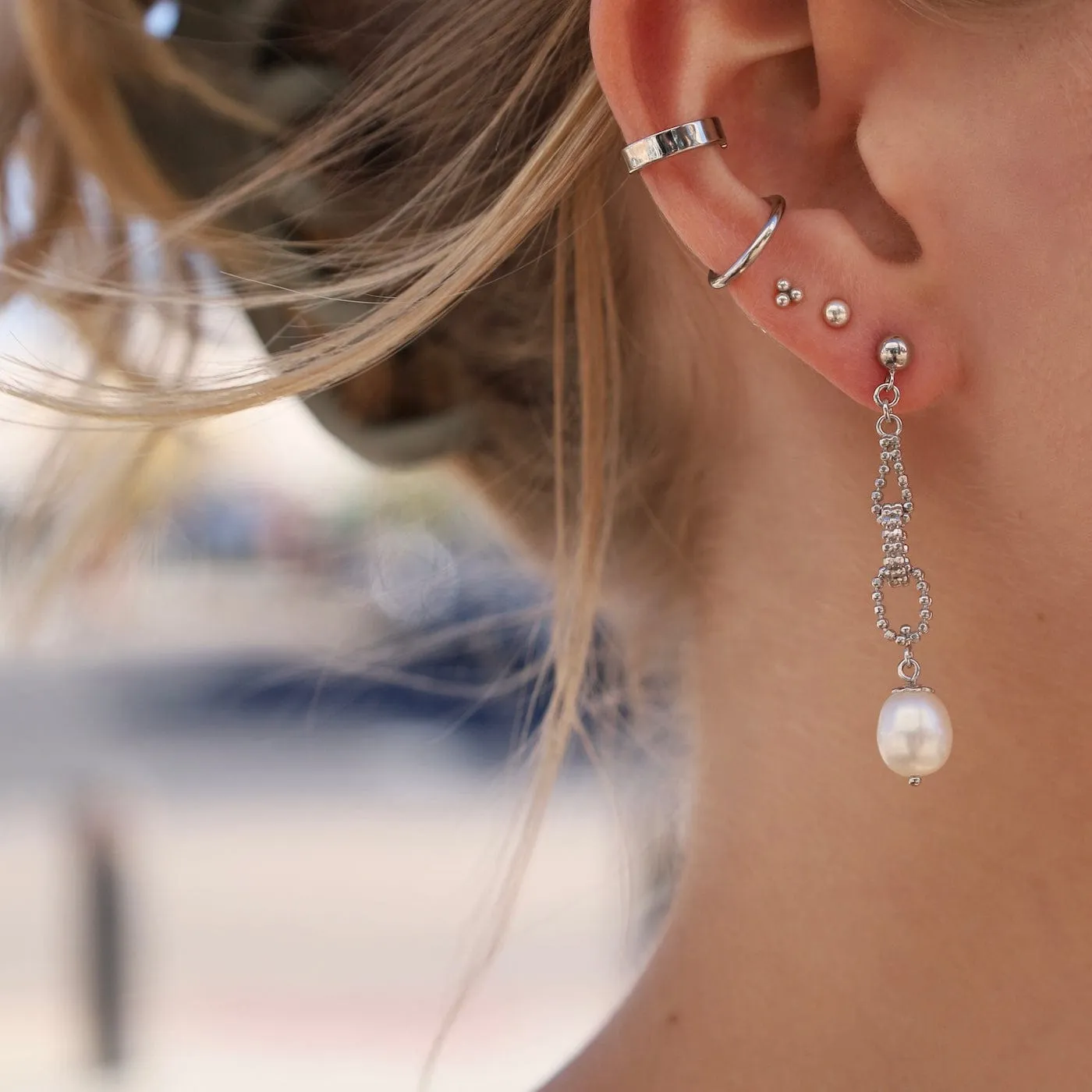 Sterling Triple Links with Pearl Drop Earrings