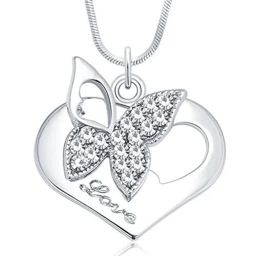 Sukkhi Butterfly Rhodium Plated Austrian Crystal Valentine Heart Pendant With Chain