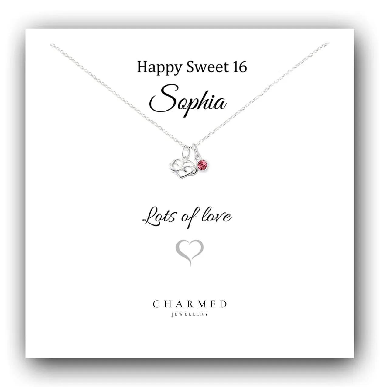 Sweet 16 Infinity Heart Necklace with Birthstone in Sterling Silver 925, Personalised Jewellery Gift