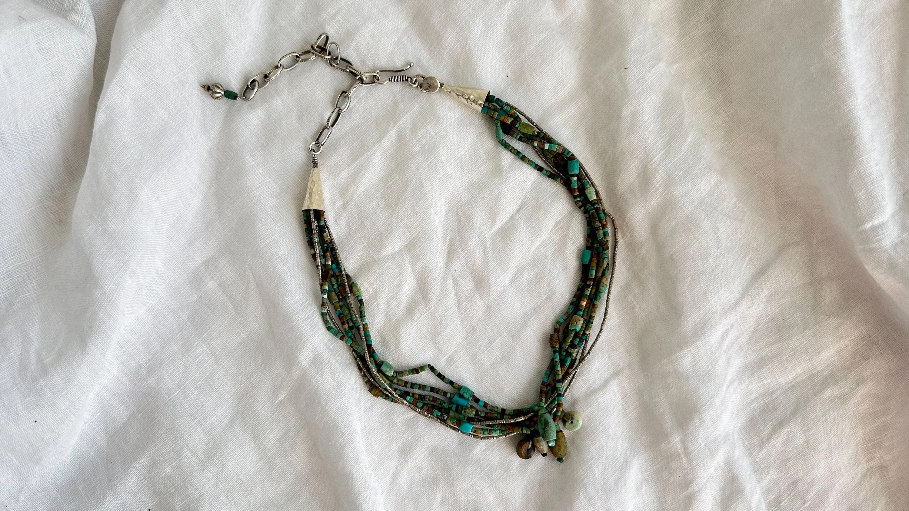 Turquoise Multi-Strand Choker Necklace. Tiny Turquoise Heishi and Sterling Silver. 2297