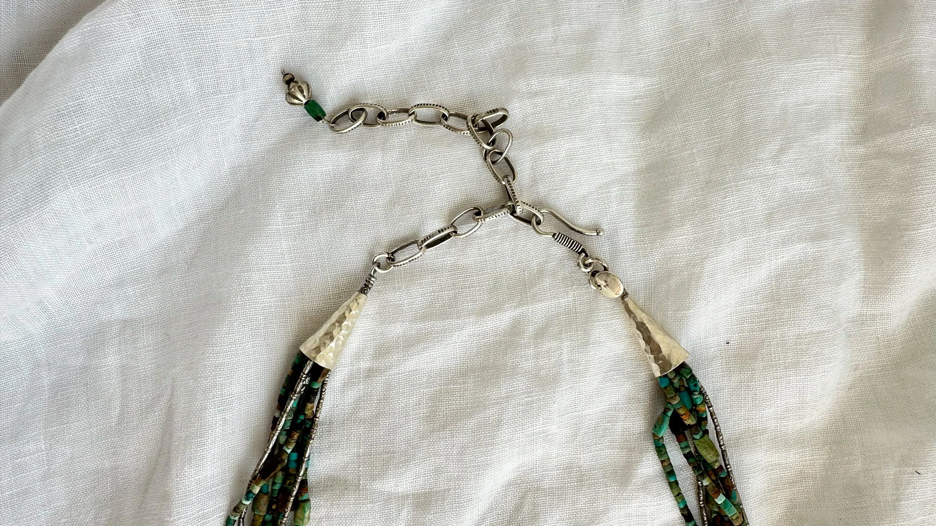 Turquoise Multi-Strand Choker Necklace. Tiny Turquoise Heishi and Sterling Silver. 2297