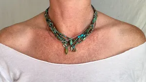 Turquoise Multi-Strand Choker Necklace. Tiny Turquoise Heishi and Sterling Silver. 2297