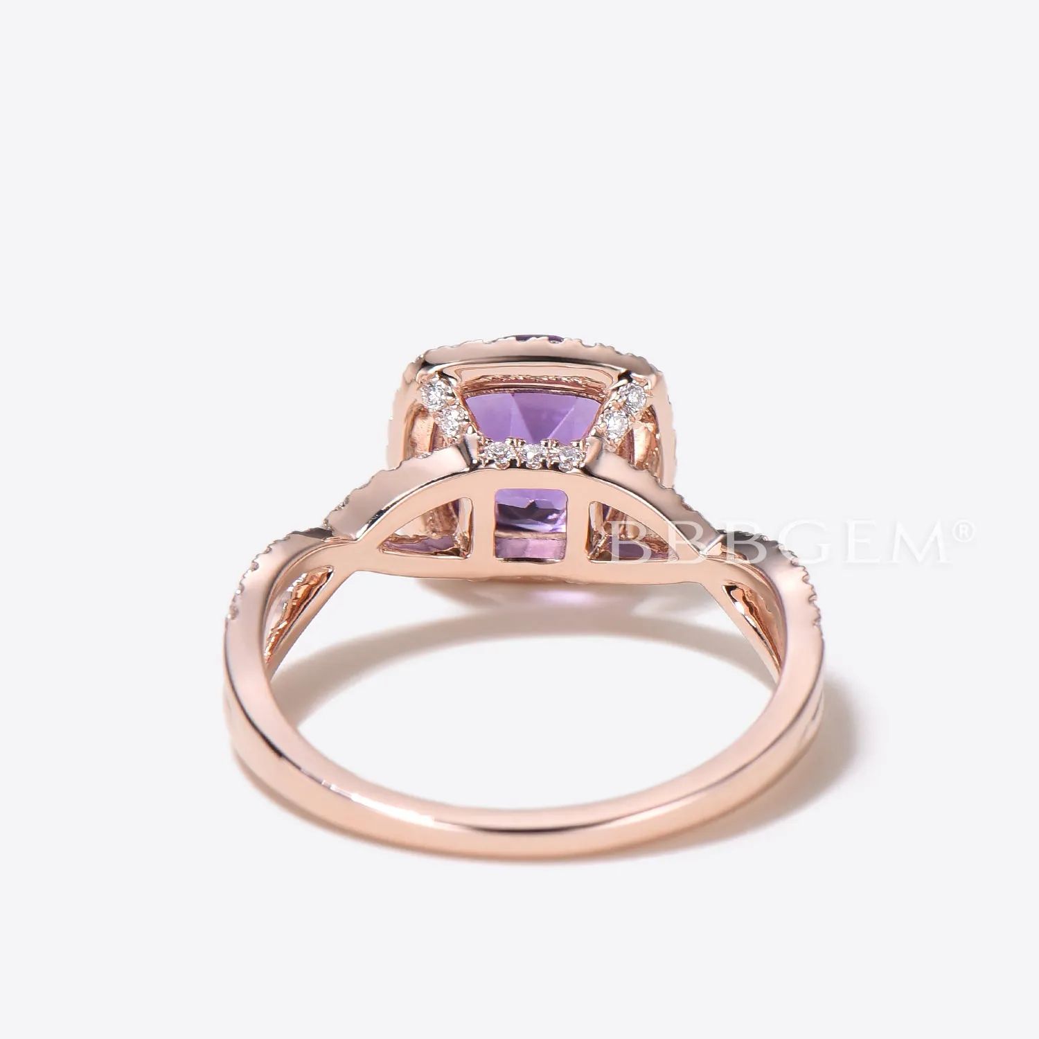 Twisted Round Cut Natural Amethyst Engagement Ring Split Shank Diamond Halo Wedding Ring