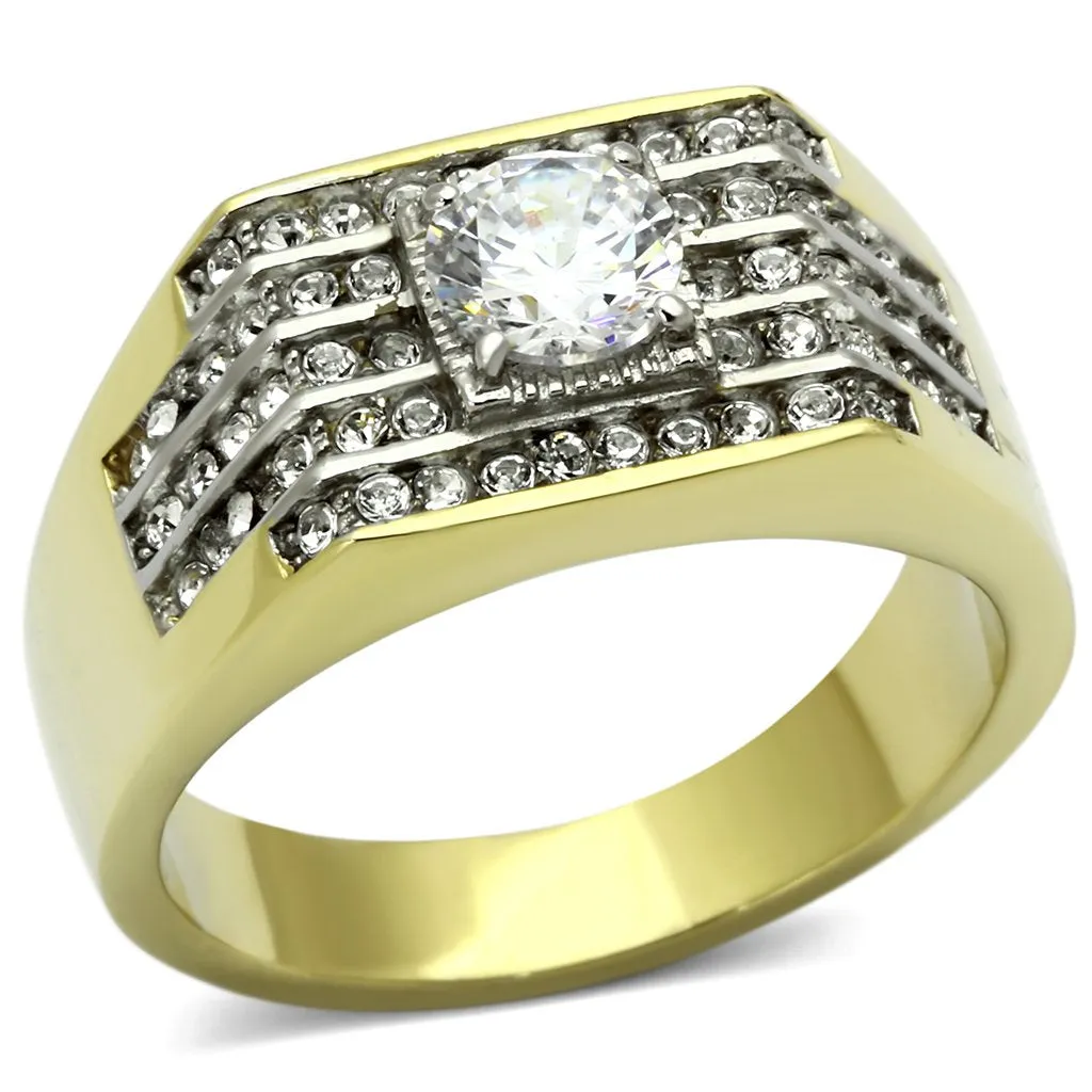 Two-Tone IP Gold (Ion Plating) Stainless Steel Ring with AAA Grade CZ in Clear for Women Style TK737