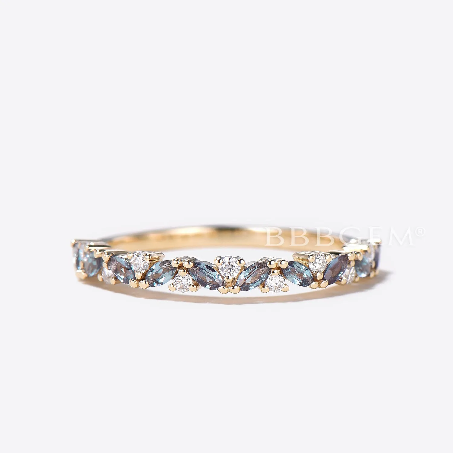 Vintage Marquise Alexandrite Wedding Ring Half Eternity Round Diamond Band