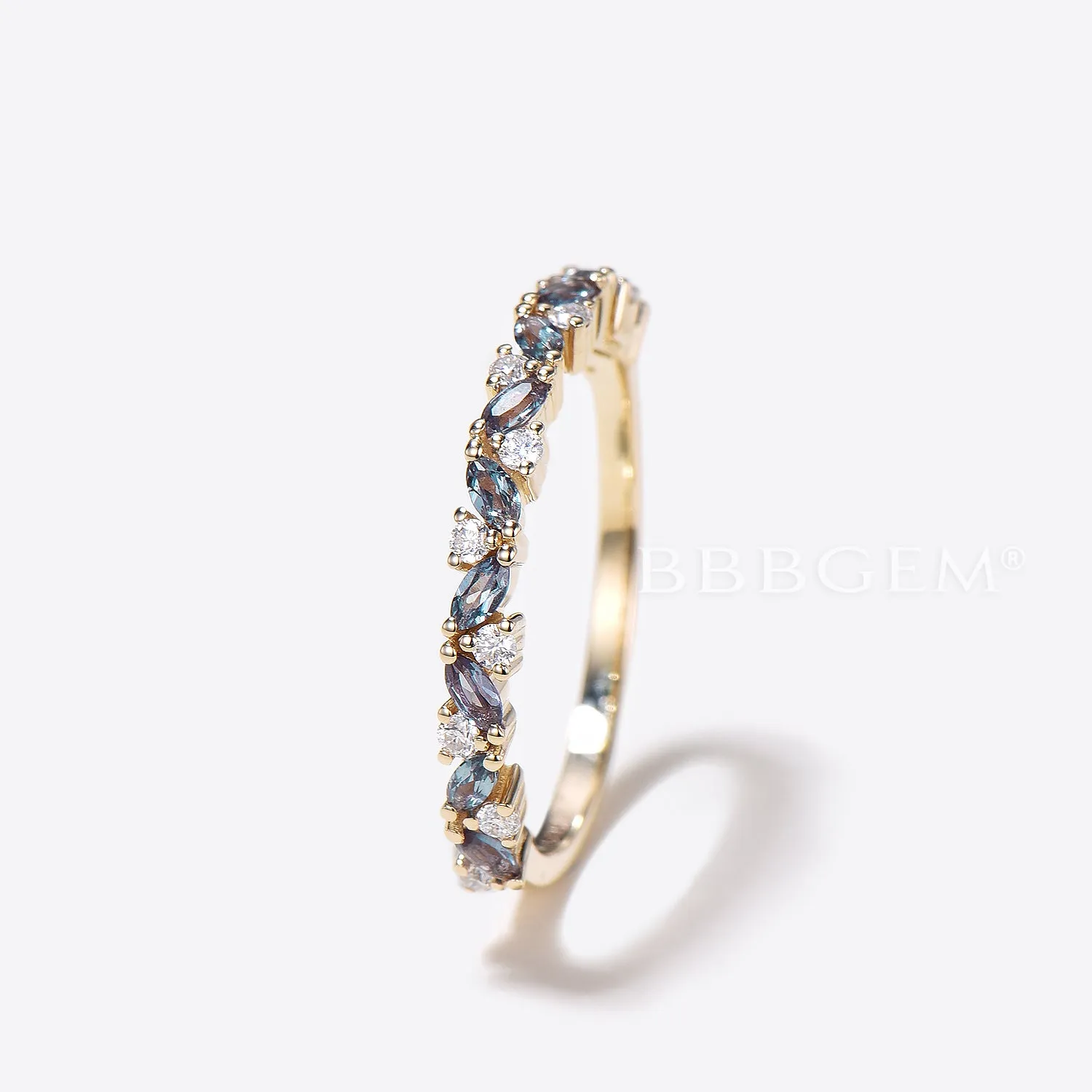 Vintage Marquise Alexandrite Wedding Ring Half Eternity Round Diamond Band