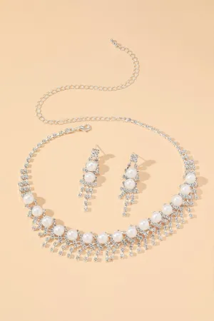Vintage Pearl Rhinestone Necklace And Earrings Set
