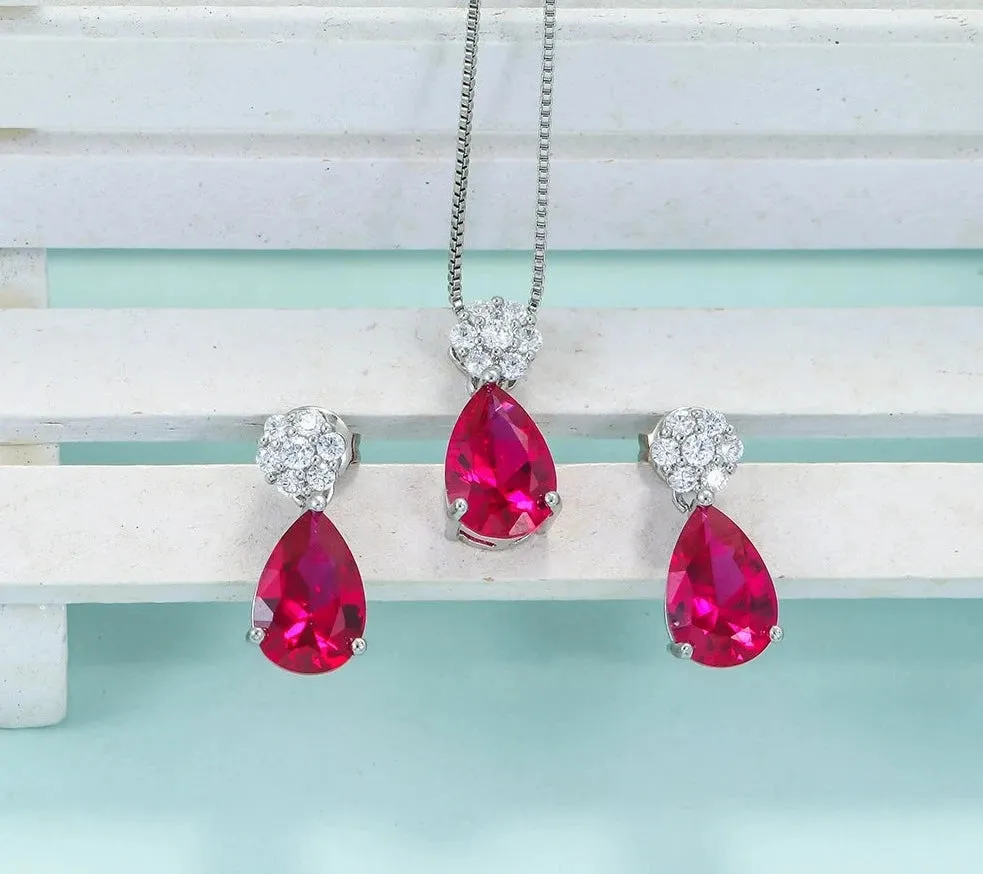 Water Drop CZ Ruby Pendant  Jewelry Set