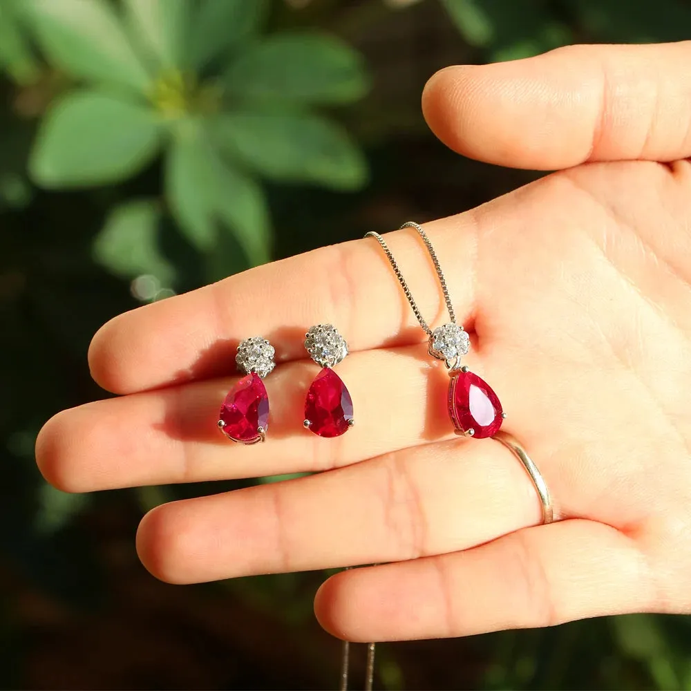 Water Drop CZ Ruby Pendant  Jewelry Set