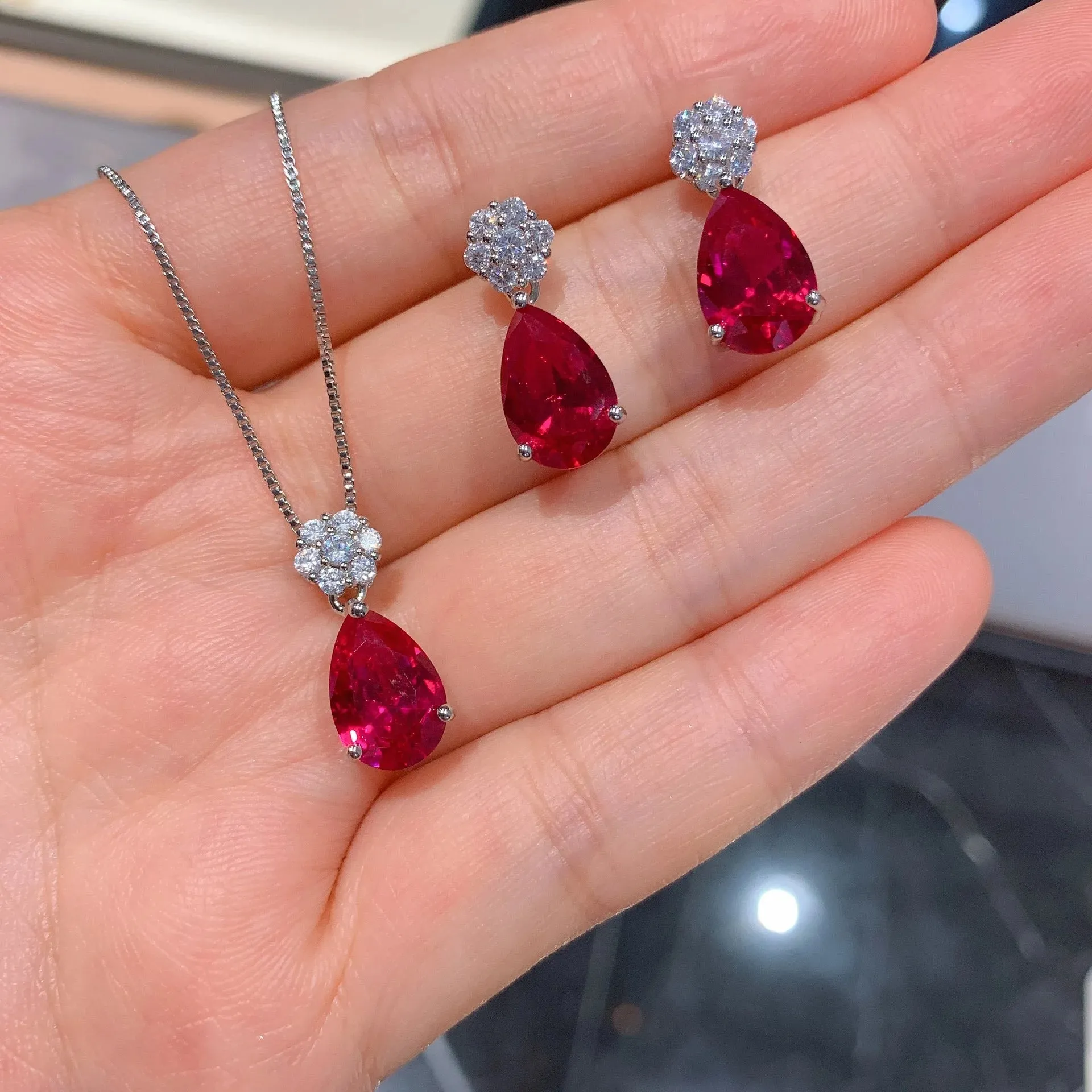 Water Drop CZ Ruby Pendant  Jewelry Set