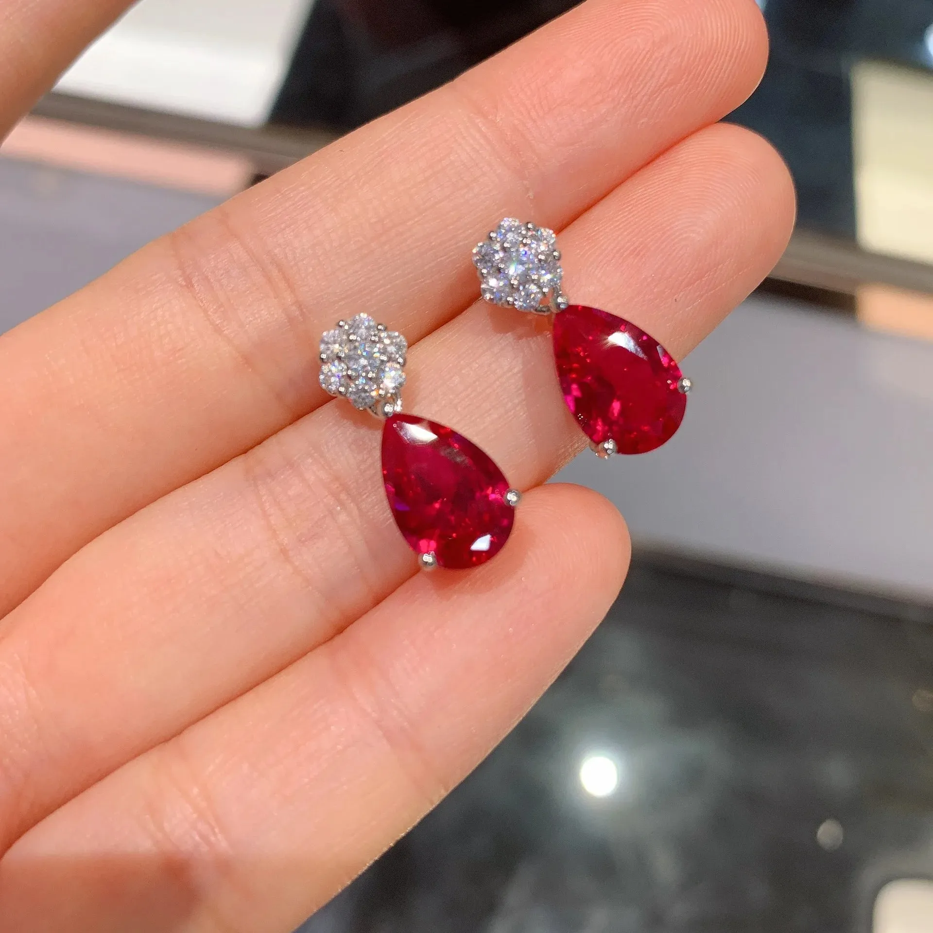 Water Drop CZ Ruby Pendant  Jewelry Set