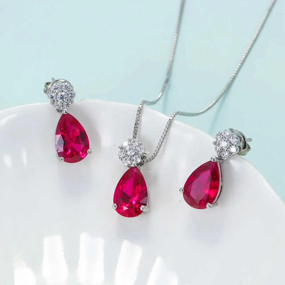 Water Drop CZ Ruby Pendant  Jewelry Set