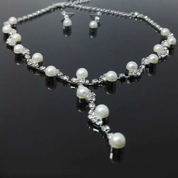 Women Bride Pearl Earring Necklace Two-piece Set