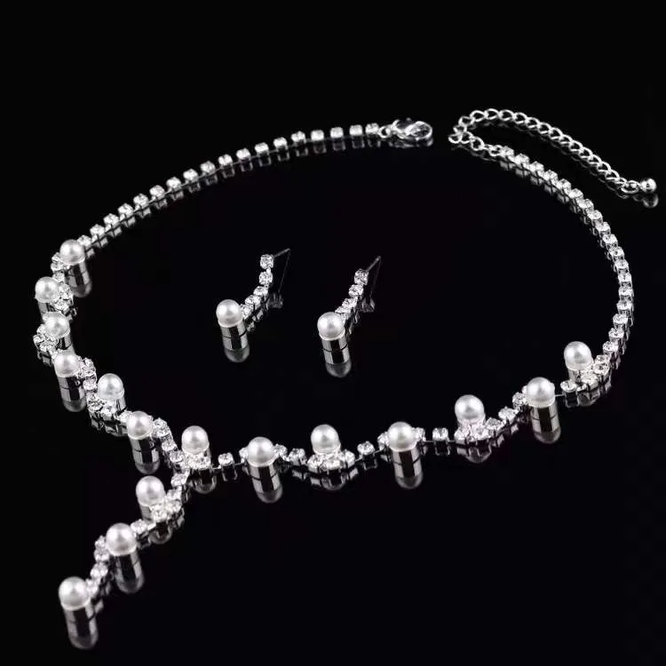 Women Bride Pearl Earring Necklace Two-piece Set